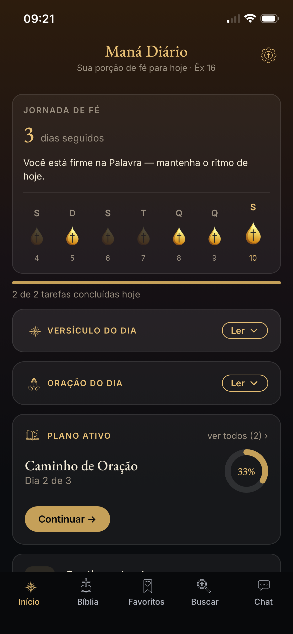 Tela inicial do Maná Bíblia mostrando a jornada de fé, versículo e oração do dia